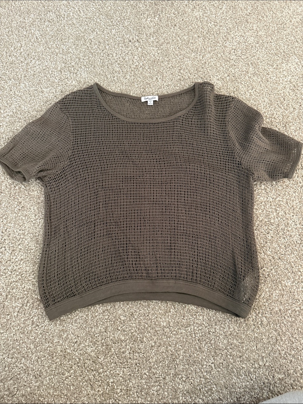 Splendid Olive Green Open-Knit Short-Sleeve Sweater